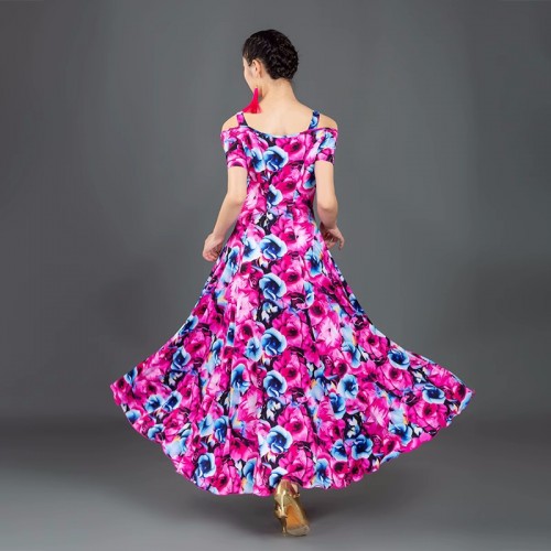 Blue with pink flowers ballroom dance dresses for women girls waltz tango foxtrot smooth dance long swing skirts gown for lady